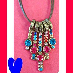 Antique Bronze In Color Necklace With Colorful Rhinestones & Brown Leather Chain